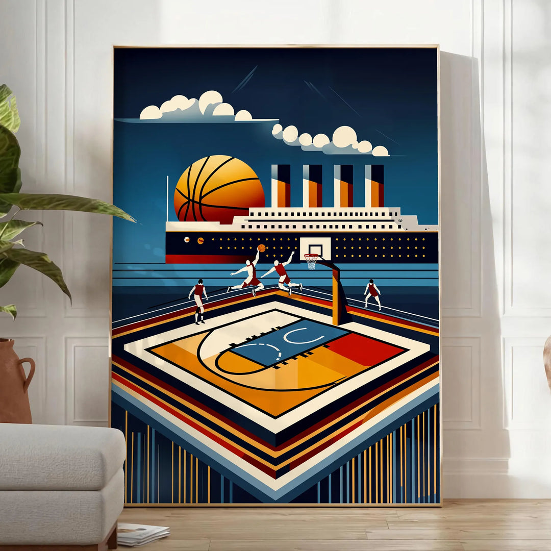 Poster showing Titanic-themed vintage Art Deco illustration with basketball motif - in a bright minimalist room with a plant and an armchair