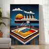 Poster showing Titanic-themed vintage Art Deco illustration with basketball motif - in a bright minimalist room with a plant and an armchair