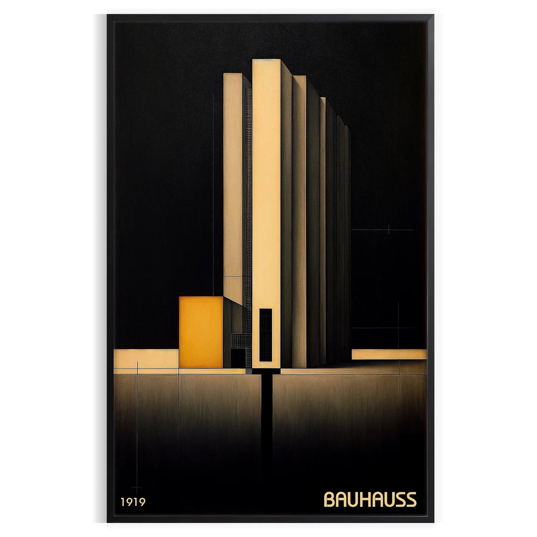 Dark Bauhaus poster with geometric shapes in black and muted tones