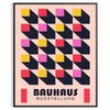 Schwarz-gelbes Bauhaus Plakat mit geometrischem abstraktem Design und kräftigen Formen - in einem schwarzen Rahmen