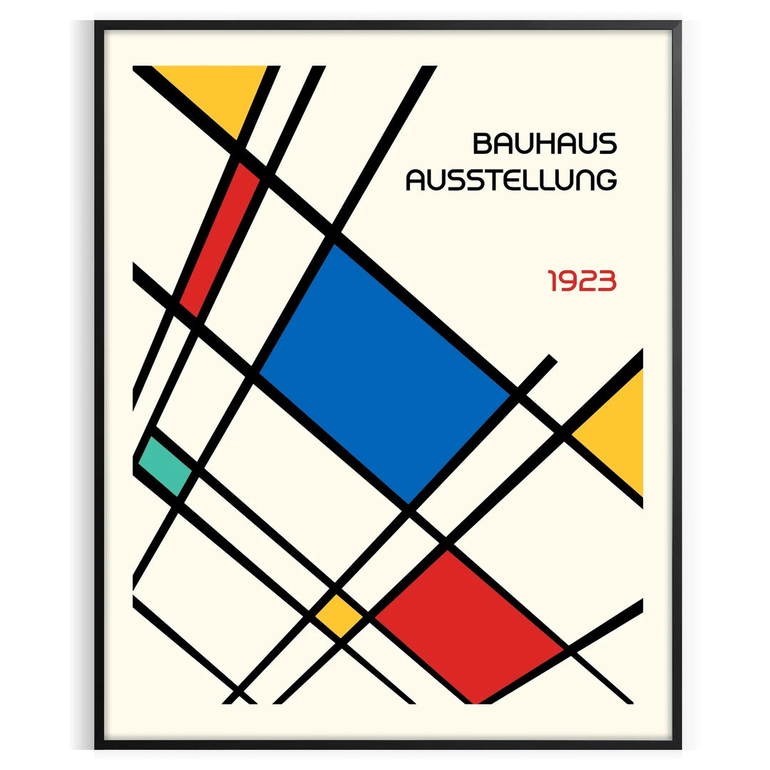White and red geometric Bauhaus poster with bold minimalist abstract composition