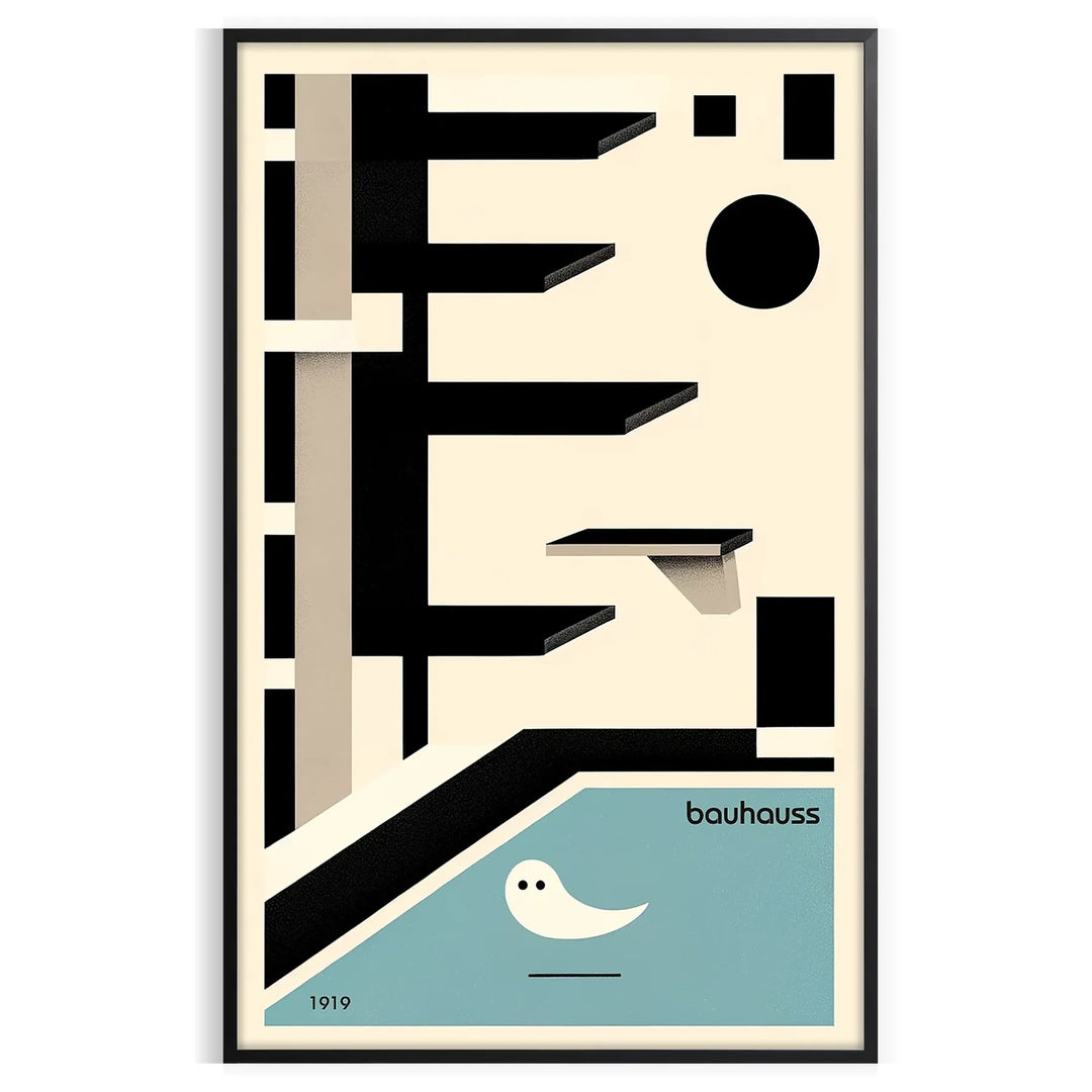 Bauhaus-style swimming pool with geometric shapes and bold colors