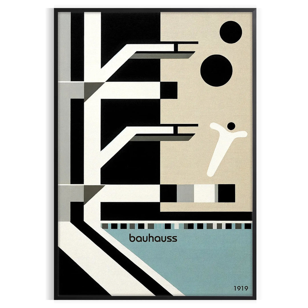 Bauhaus style illustration of a swimming pool with geometric shapes and muted colors