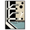Bauhaus style illustration of a swimming pool with geometric shapes and muted colors - in a black frame