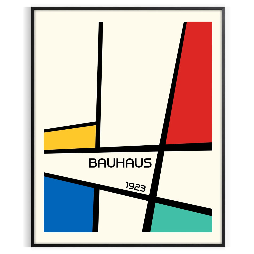 Bauhaus geometric poster with abstract shapes in red, blue, and yellow
