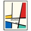 Bauhaus geometric poster with abstract shapes in red, blue, and yellow - in a black frame