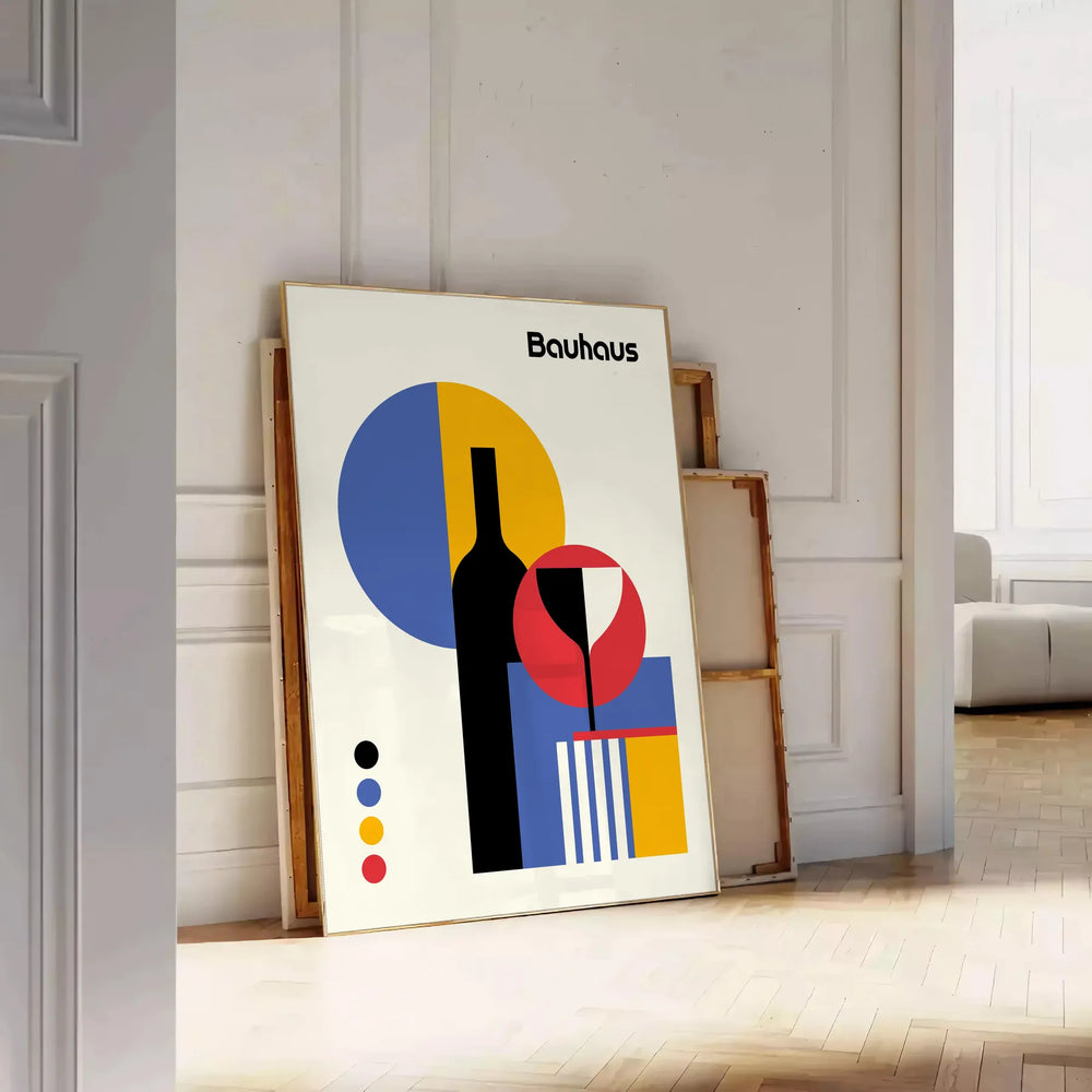 Bauhaus abstract geometric poster with bold primary colors, modern minimal composition
