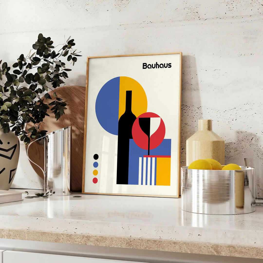 Bauhaus abstract geometric poster with bold primary colors, modern minimal composition - styled on a counter with eucalyptus and a bowl of lemons