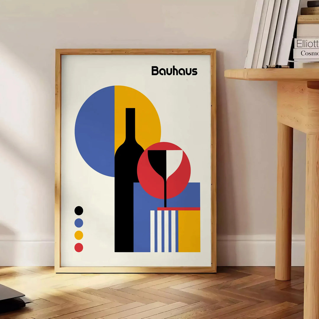 Bauhaus abstract geometric poster with bold primary colors, modern minimal composition - beside a round wooden side table with books