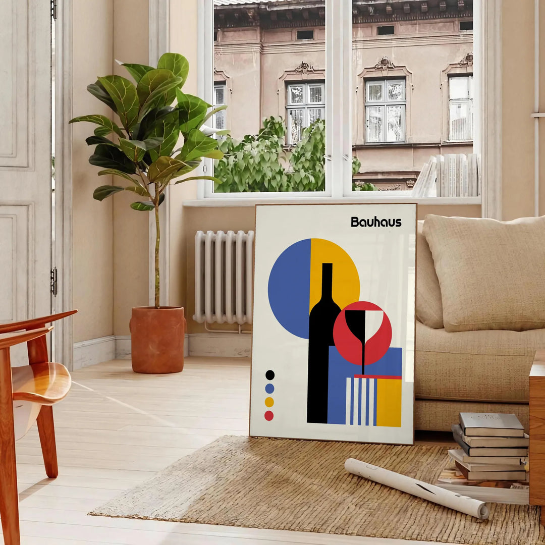 Bauhaus abstract geometric poster with bold primary colors, modern minimal composition - in a Parisian living room with a sofa and a fig plant