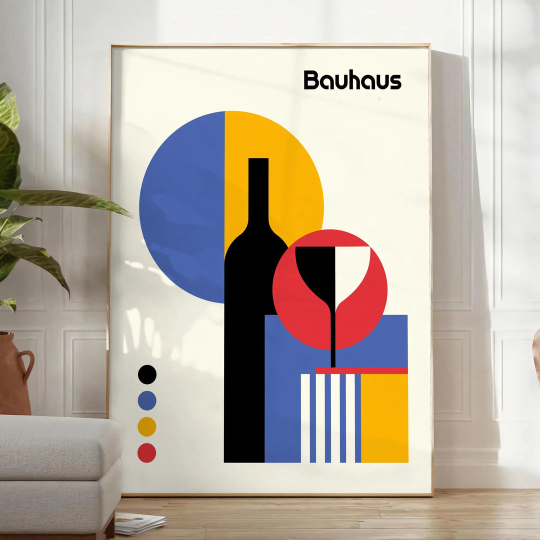 Bauhaus abstract geometric poster with bold primary colors, modern minimal composition - in a bright minimalist room with a plant and an armchair