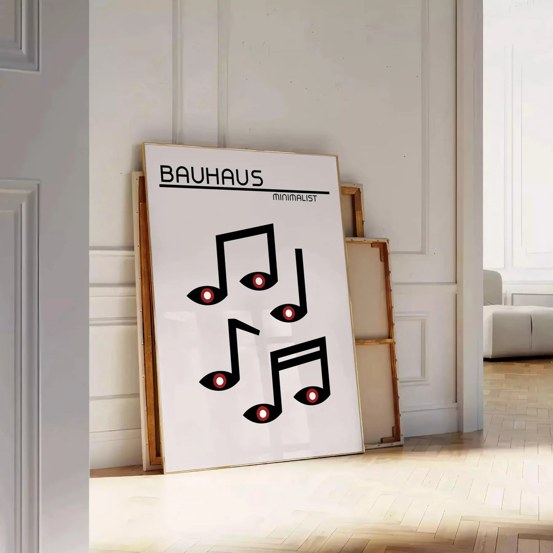 Póster Bauhaus con composición geométrica abstracta y tipografía minimalista - apoyado en un suelo de espiga contra una pared de molduras