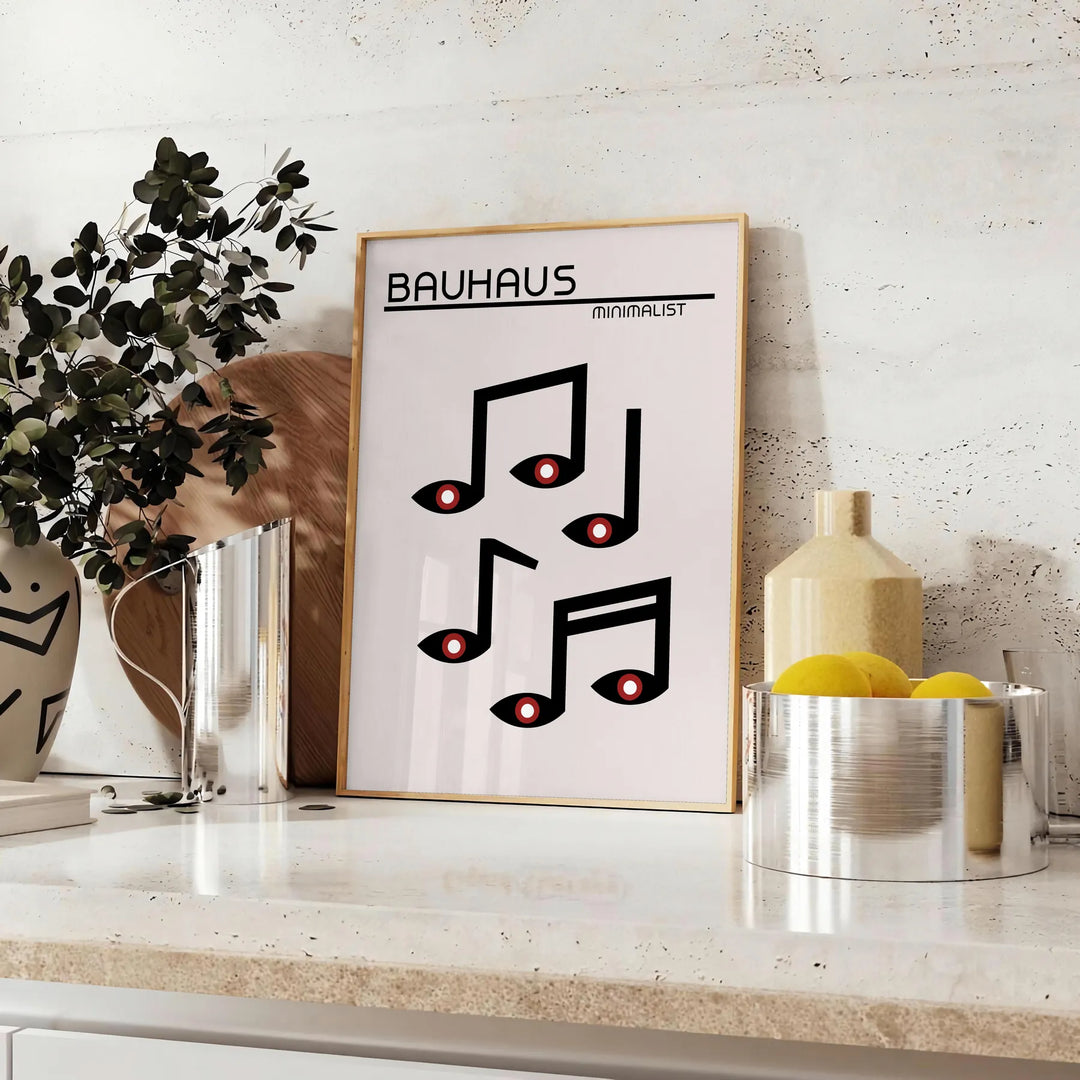 Póster Bauhaus con composición geométrica abstracta y tipografía minimalista - sobre una encimera con eucalipto y un cuenco de limones