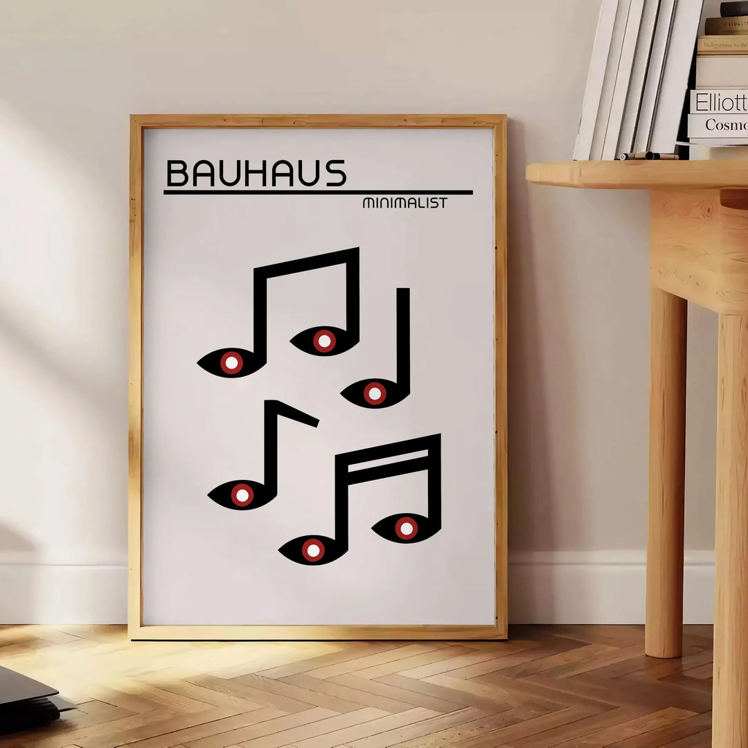 Póster Bauhaus con composición geométrica abstracta y tipografía minimalista - junto a una mesa auxiliar redonda de madera con libros