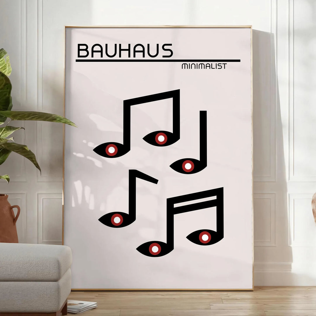 Póster Bauhaus con composición geométrica abstracta y tipografía minimalista - en una habitación luminosa y minimalista con planta y sillón