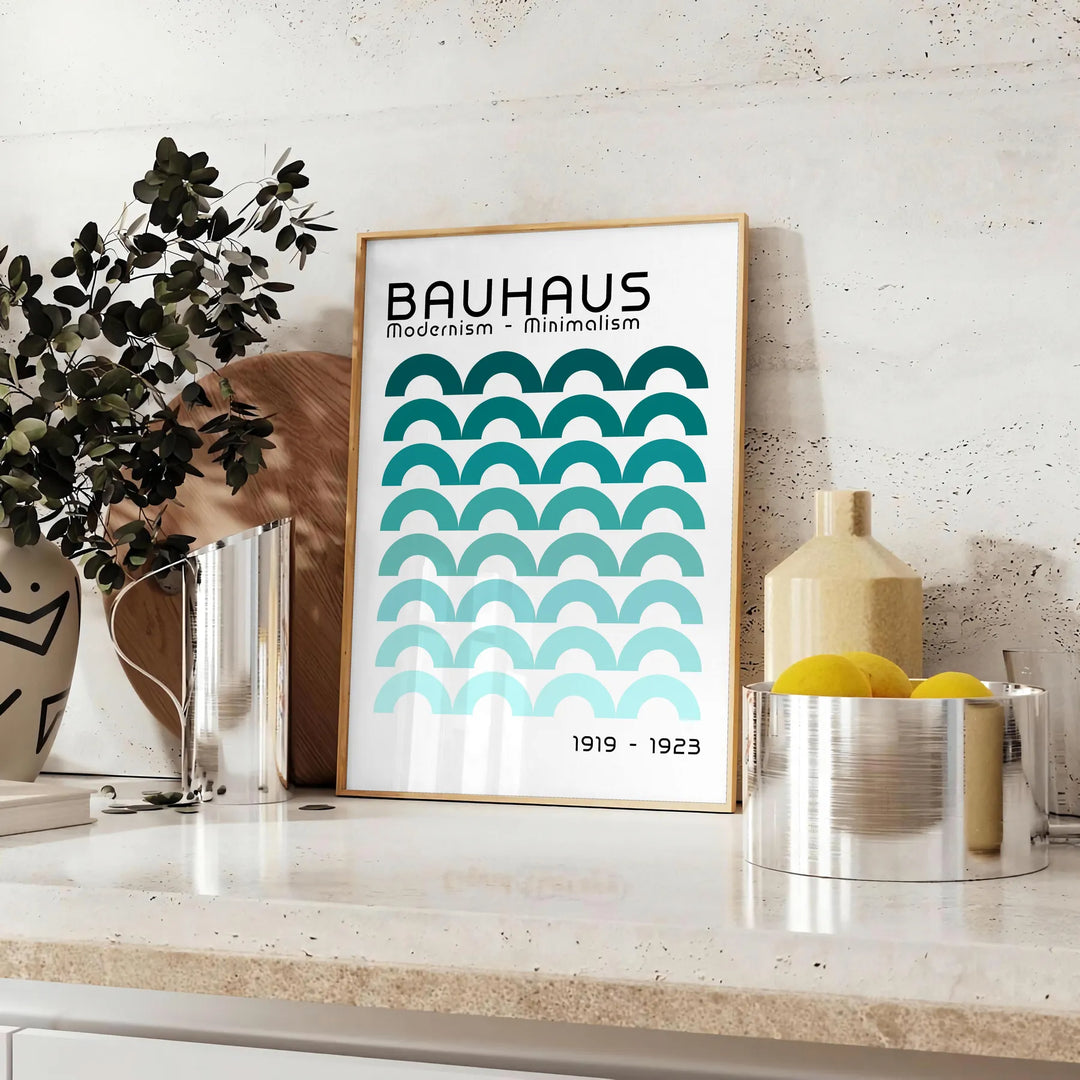 Black and white geometric abstract design in Bauhaus style - styled on a counter with eucalyptus and a bowl of lemons