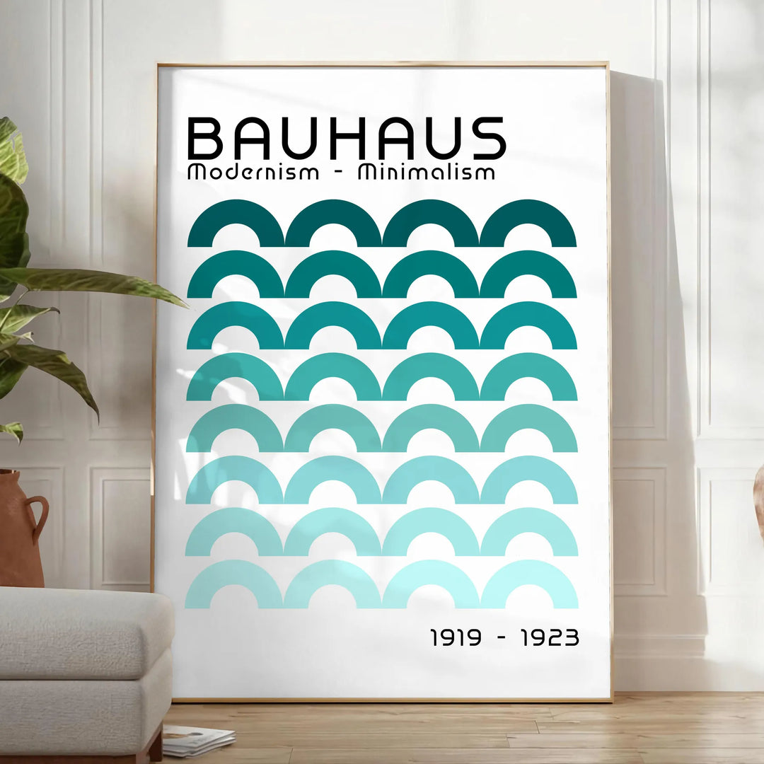 Black and white geometric abstract design in Bauhaus style - in a bright minimalist room with a plant and an armchair