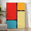 Bauhaus geometric art poster showing abstract shapes and minimal composition - in a bright minimalist room with a plant and an armchair