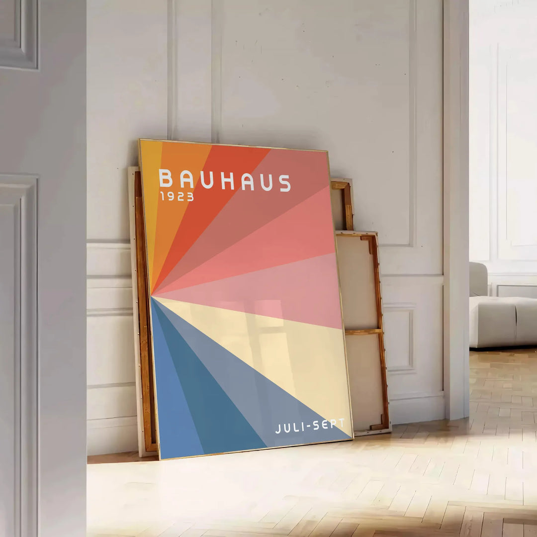 Gray and red geometric Bauhaus poster featuring vintage abstract modernist composition - leaning on a herringbone floor against a white panelled wall