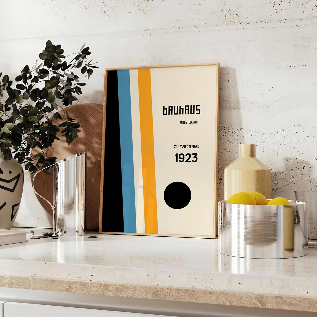 Gray and white Bauhaus geometric abstract art poster, minimalist design - styled on a counter with eucalyptus and a bowl of lemons