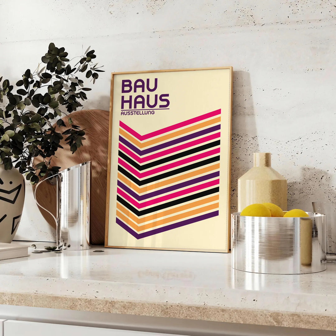 Geometric shapes in primary colors inspired by Bauhaus design - styled on a counter with eucalyptus and a bowl of lemons