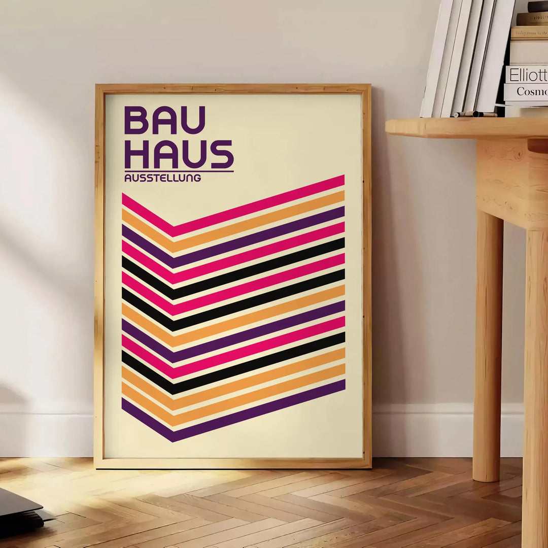 Geometric shapes in primary colors inspired by Bauhaus design - beside a round wooden side table with books