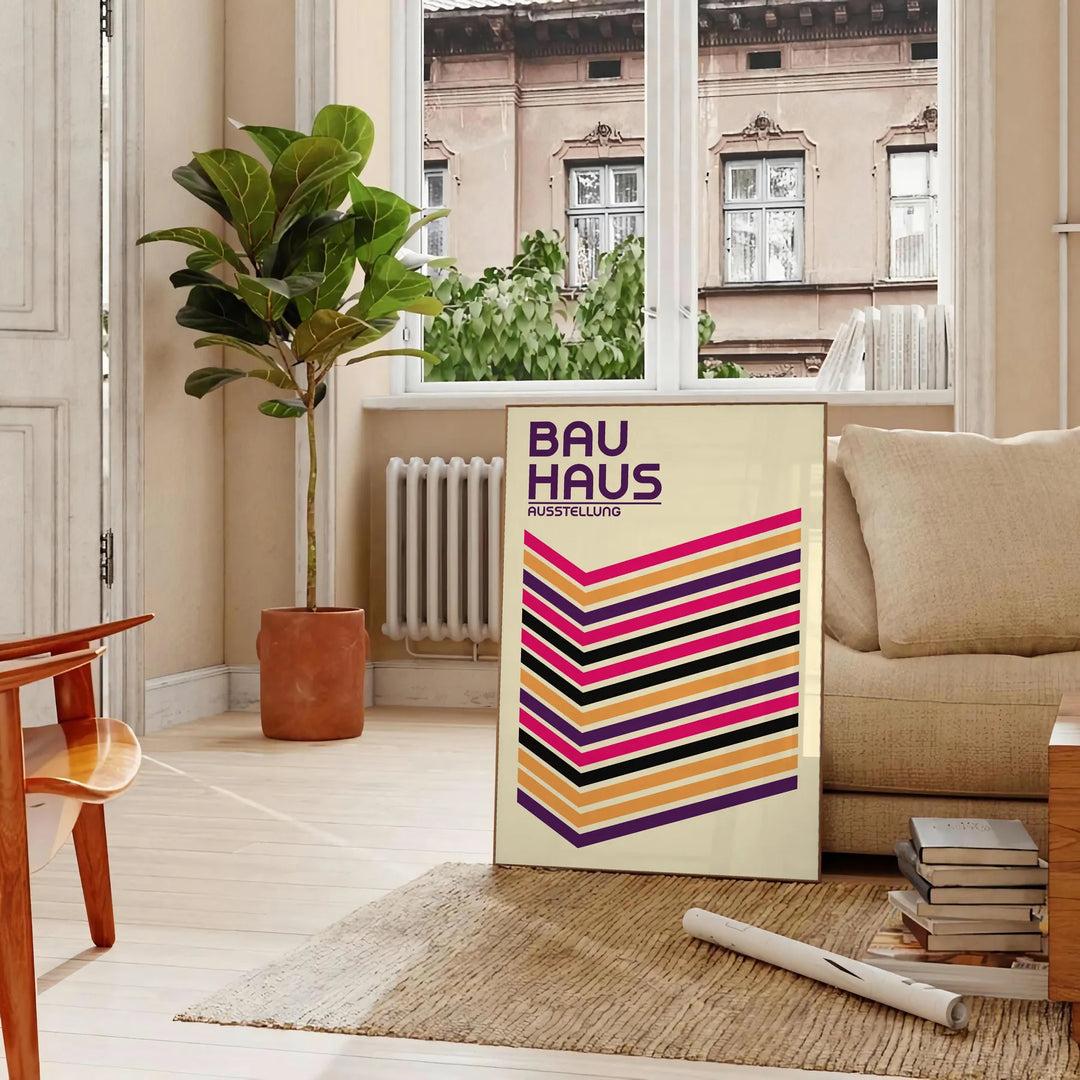 Geometric shapes in primary colors inspired by Bauhaus design - in a Parisian living room with a sofa and a fig plant