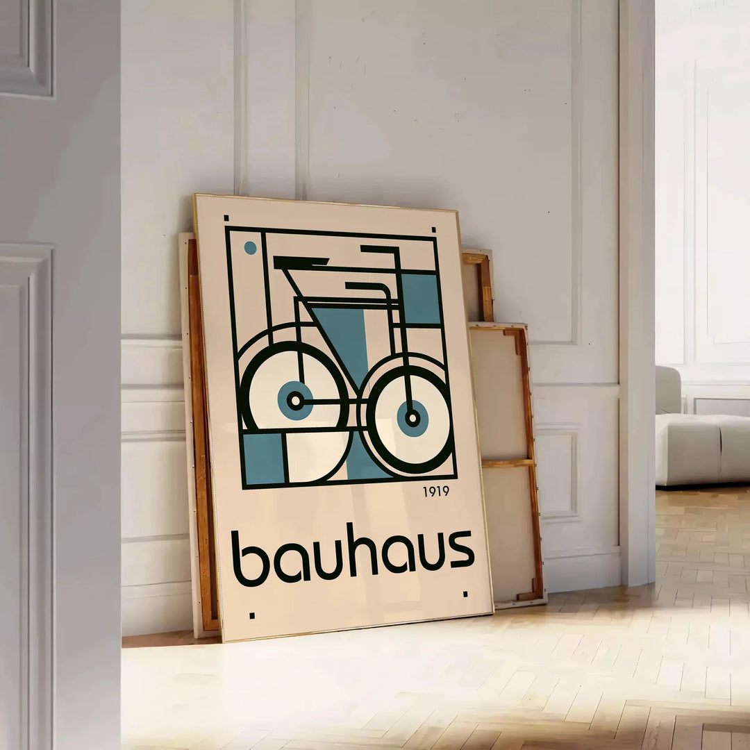 Minimalist poster of a bicycle in Bauhaus style with geometric shapes - leaning on a herringbone floor against a white panelled wall