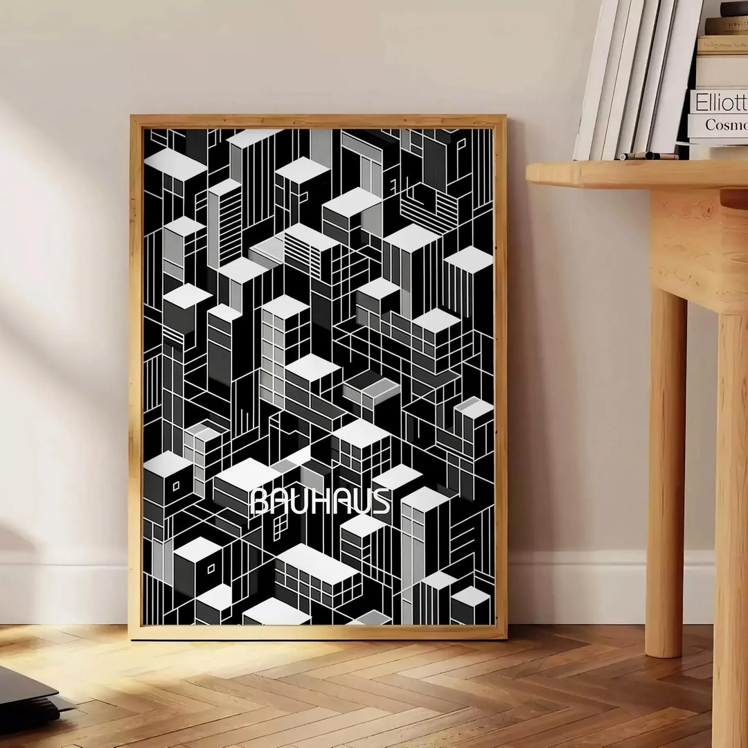 Black and gray Bauhaus poster with geometric modern abstract design - beside a round wooden side table with books