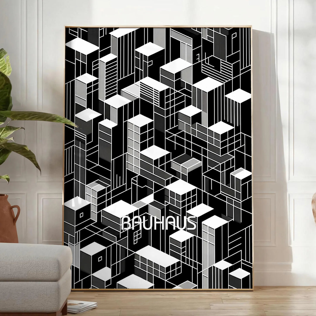 Black and gray Bauhaus poster with geometric modern abstract design - in a bright minimalist room with a plant and an armchair