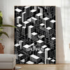 Black and gray Bauhaus poster with geometric modern abstract design - in a bright minimalist room with a plant and an armchair