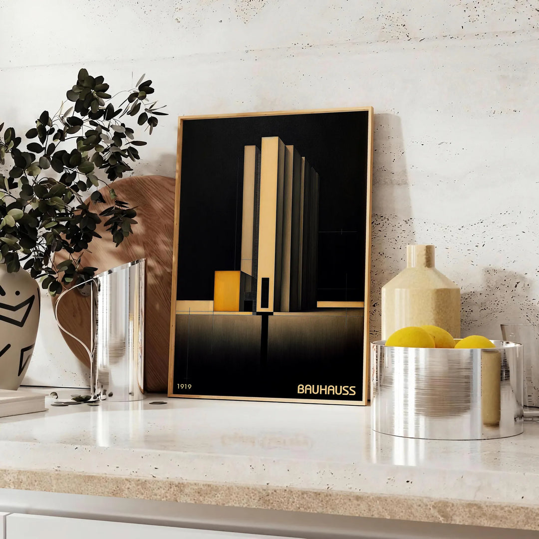 Dark Bauhaus poster with geometric shapes in black and muted tones - styled on a counter with eucalyptus and a bowl of lemons