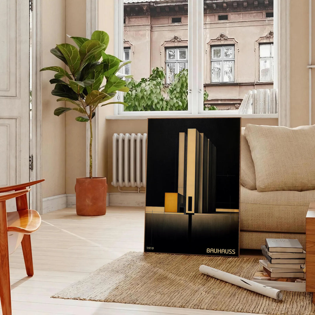 Dark Bauhaus poster with geometric shapes in black and muted tones - in a Parisian living room with a sofa and a fig plant