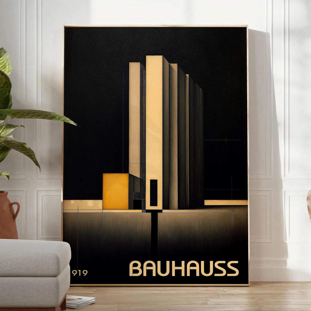 Dark Bauhaus poster with geometric shapes in black and muted tones - in a bright minimalist room with a plant and an armchair