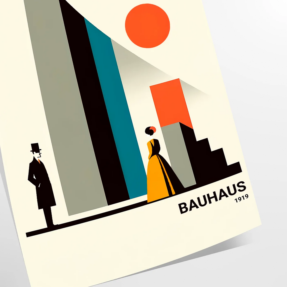 Bauhaus poster of stylized human figure in orange and white