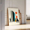 Bauhaus poster of stylized human figure in orange and white - leaning on a herringbone floor against a white panelled wall