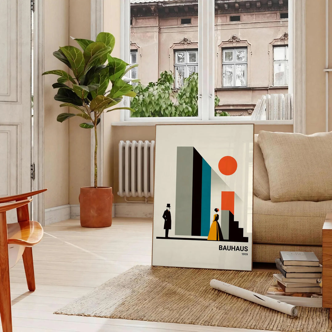 Bauhaus poster of stylized human figure in orange and white - in a Parisian living room with a sofa and a fig plant