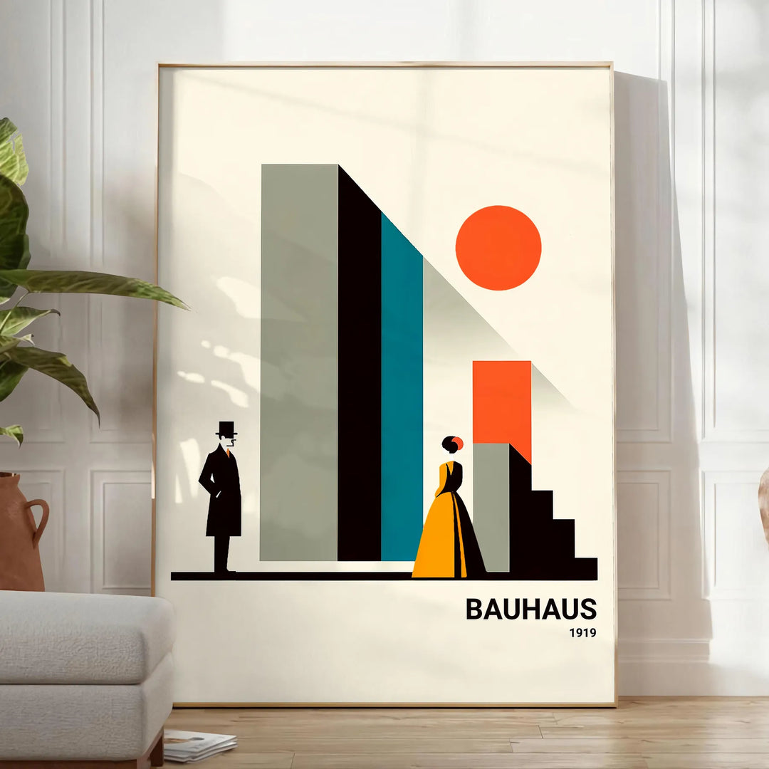 Bauhaus poster of stylized human figure in orange and white - in a bright minimalist room with a plant and an armchair