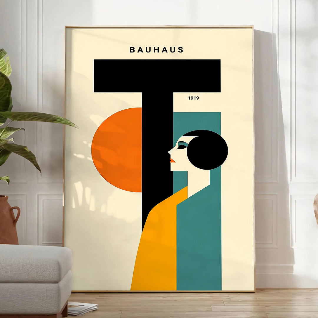 Poster mit minimalistischer geometrischer Menschendarstellung im klassischen Bauhaus-Stil - in einem hellen minimalistischen Raum mit Pflanze und Sessel