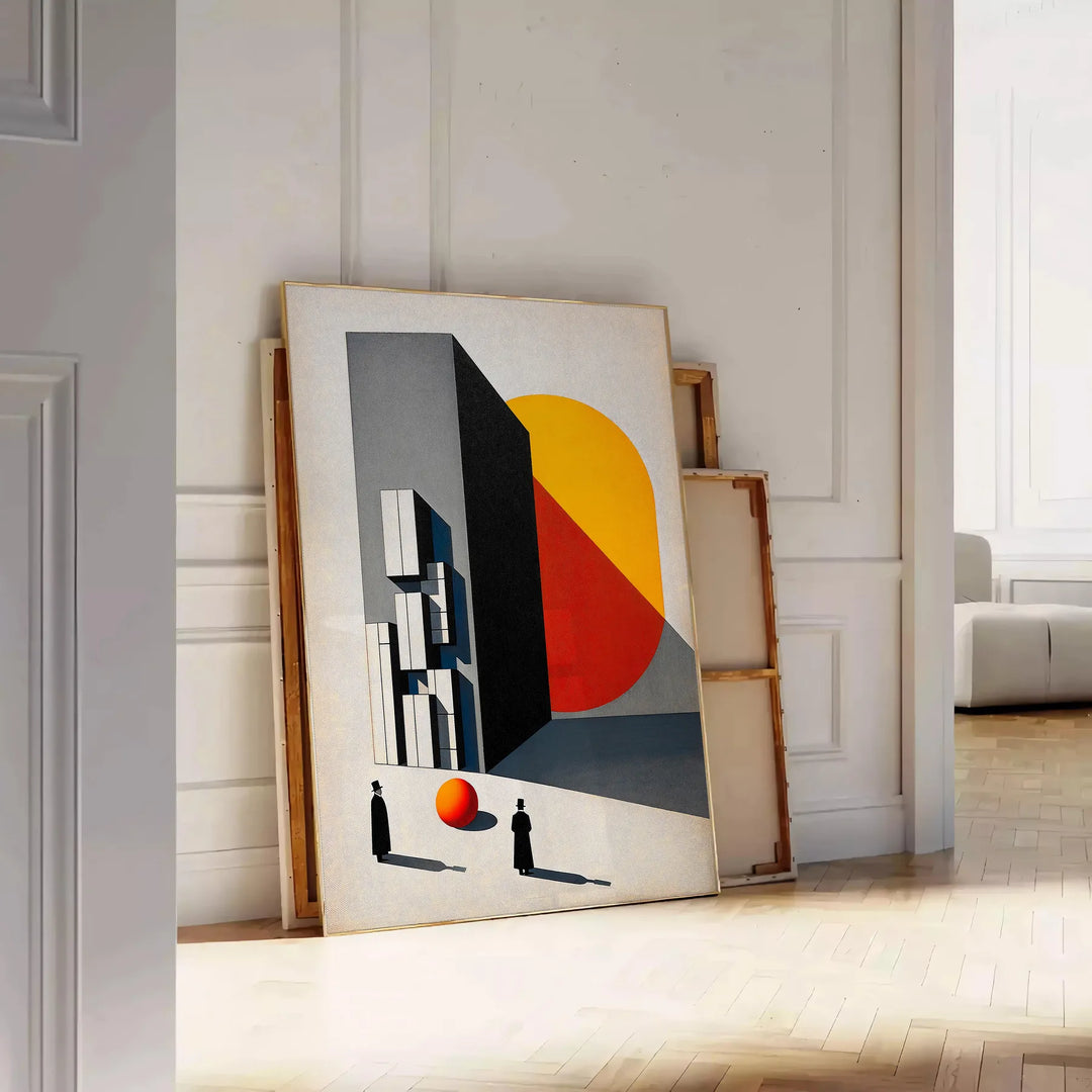 Bauhaus poster featuring a stylized human figure in orange and black - leaning on a herringbone floor against a white panelled wall