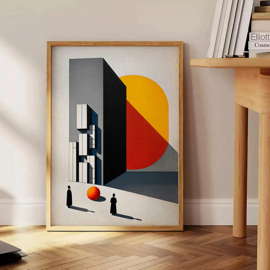 Bauhaus poster featuring a stylized human figure in orange and black - beside a round wooden side table with books