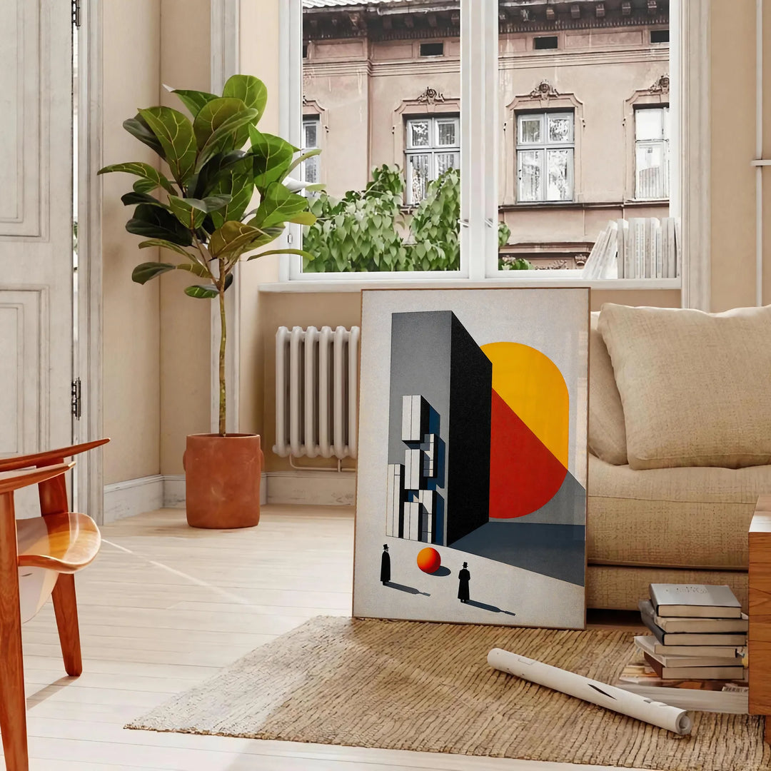 Bauhaus poster featuring a stylized human figure in orange and black - in a Parisian living room with a sofa and a fig plant