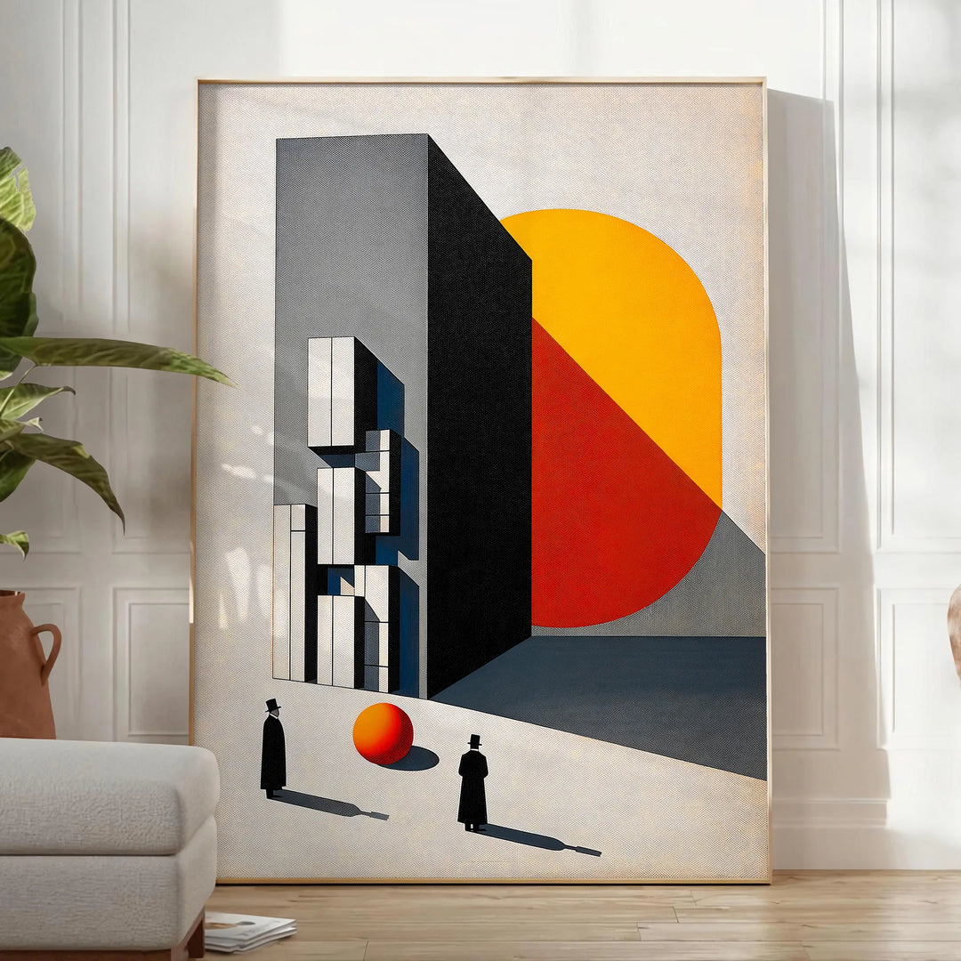 Bauhaus poster featuring a stylized human figure in orange and black - in a bright minimalist room with a plant and an armchair