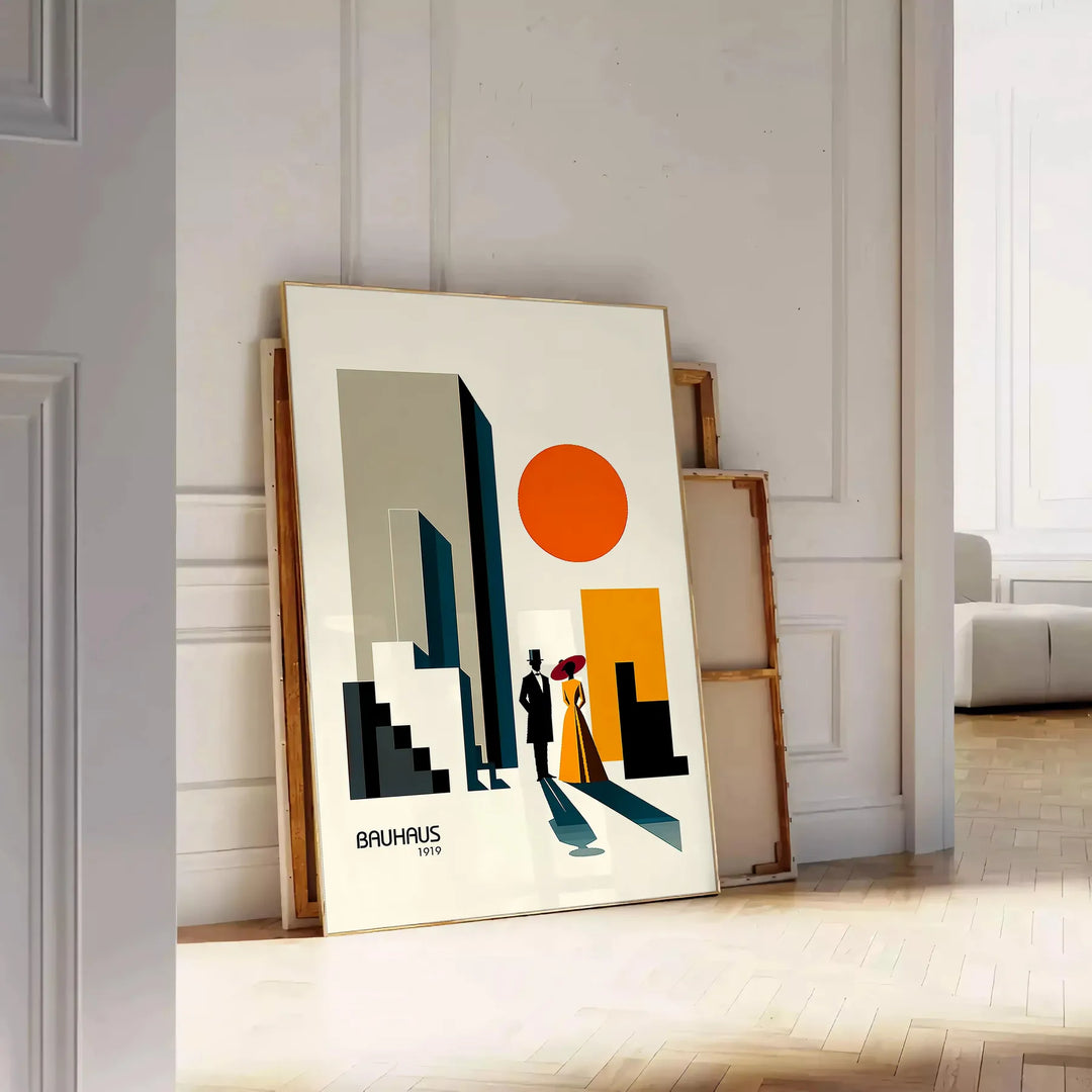 Poster showing a Bauhaus-style human figure in minimalist geometric composition - leaning on a herringbone floor against a white panelled wall