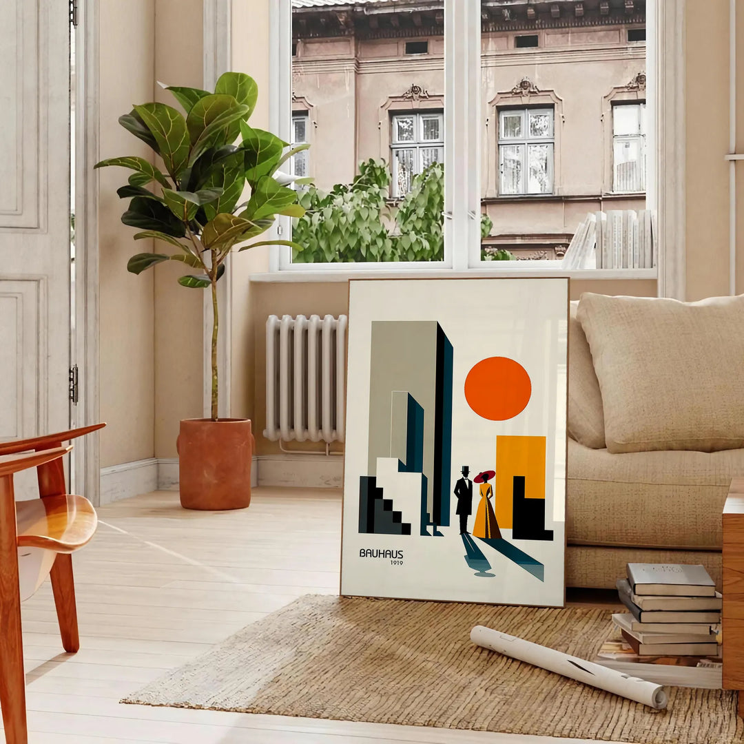 Poster showing a Bauhaus-style human figure in minimalist geometric composition - in a Parisian living room with a sofa and a fig plant