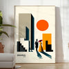 Poster showing a Bauhaus-style human figure in minimalist geometric composition - in a bright minimalist room with a plant and an armchair