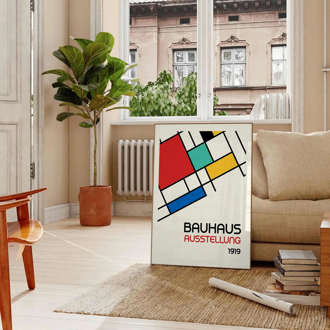 Bauhaus poster showing abstract geometric composition with modern minimalist design - in a Parisian living room with a sofa and a fig plant