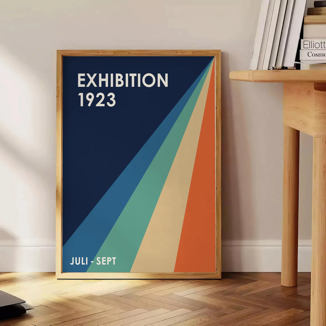 Minimalist Bauhaus poster featuring abstract geometric composition in neutral tones. - beside a round wooden side table with books