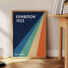 Minimalist Bauhaus poster featuring abstract geometric composition in neutral tones. - beside a round wooden side table with books