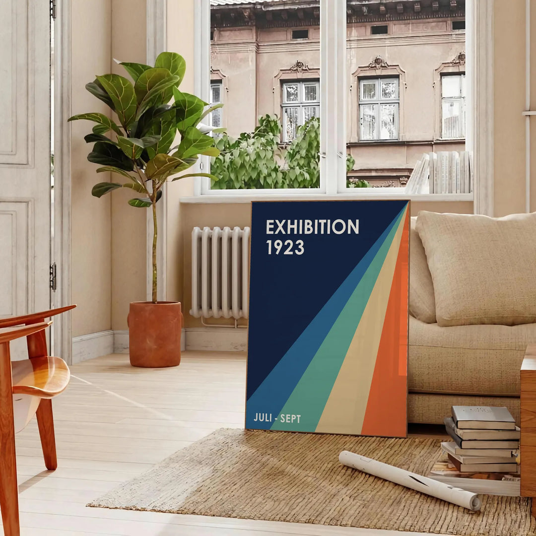 Minimalist Bauhaus poster featuring abstract geometric composition in neutral tones. - in a Parisian living room with a sofa and a fig plant